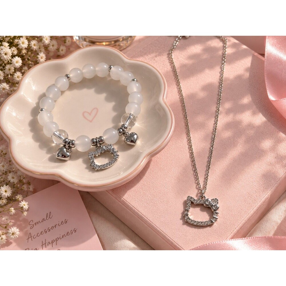 Kitty Rhinestone Necklace & Charm Bracelet Set Silver Tone Cute Kawaii Jewelry